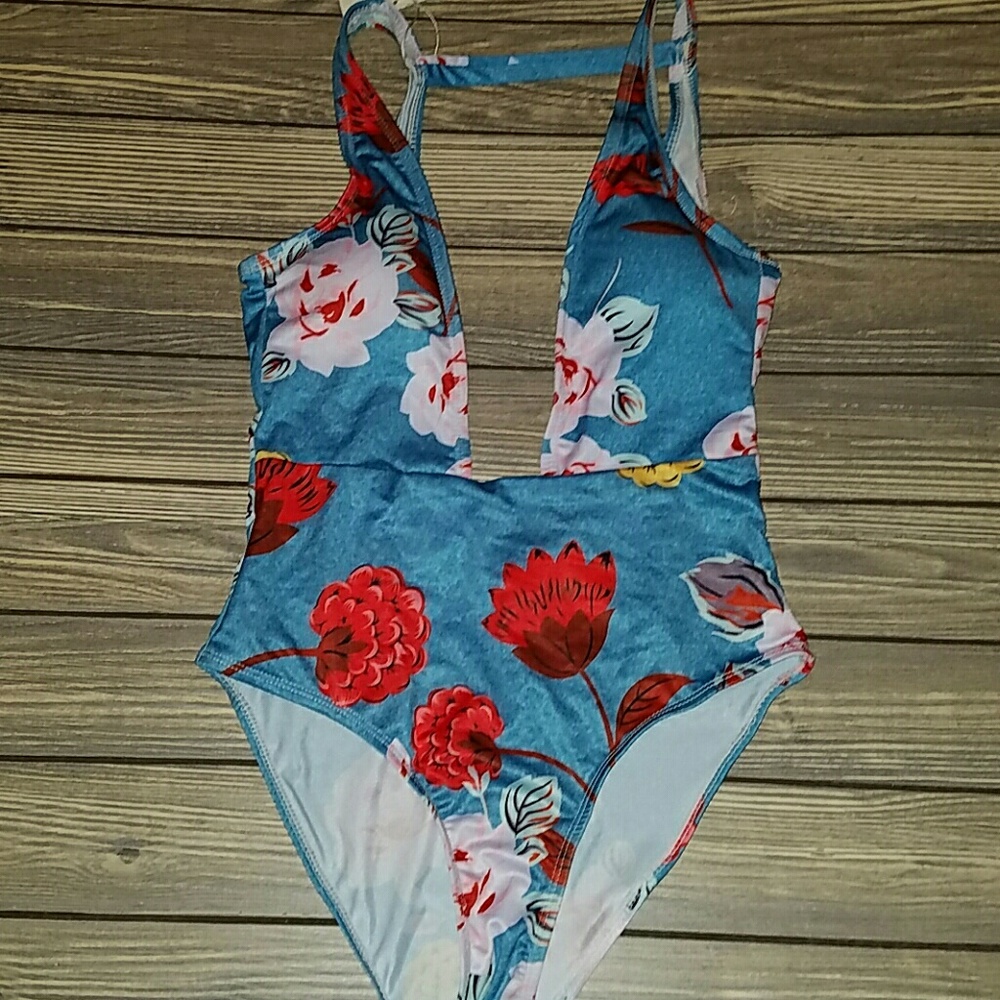 Zaful blue floral plunge swimsuit